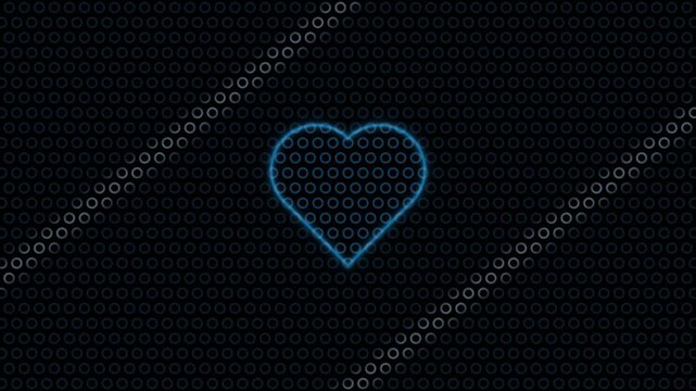 Neon heart shape glowing on a dark background with circular patterns