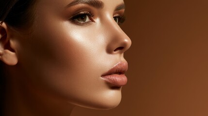 Fototapeta premium Stunning close-up portrait of a beautiful woman showcasing flawless skin, natural makeup, and captivating features against a warm brown background