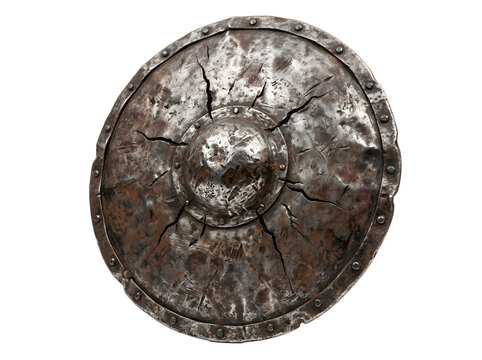 Damaged medieval metal shield isolated on transparent background