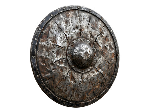 Damaged medieval round shield isolated on transparent background