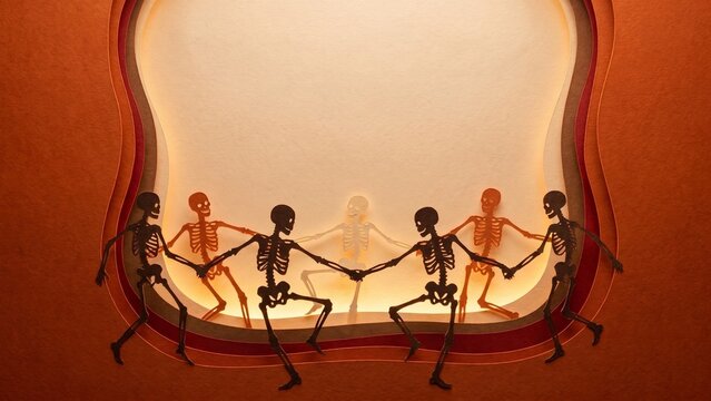 Paper cut skeletons dancing in a circle against an orange layered Halloween background frame with space.