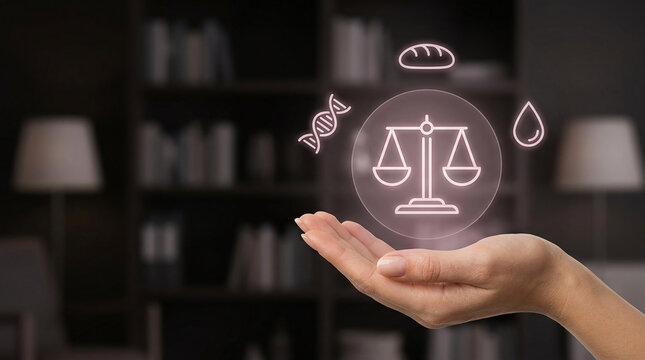 Concept of bioethics and food law showing a hand holding glowing icons of justice scales dna bread and water on blurred office background