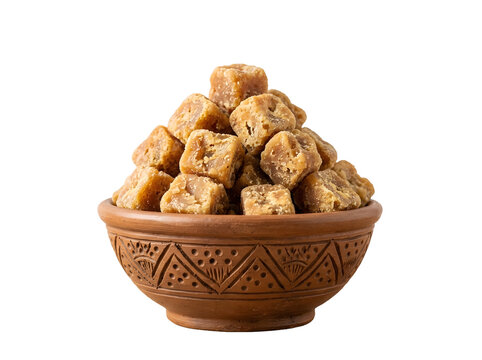 Jaggery cubes in a clay bowl isolated on transparent background