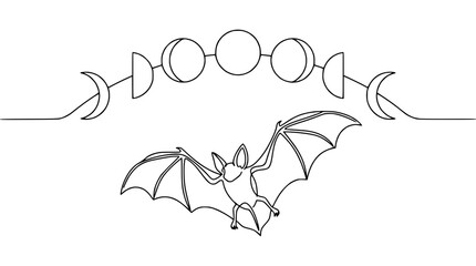 Minimalist Line Art Bat Flying Under Moon Phases Cycle © Free Account