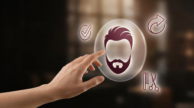 Digital interface for men's hair styling and grooming services with a hand touching a beard and hair icon on a futuristic glass button in a barbershop.