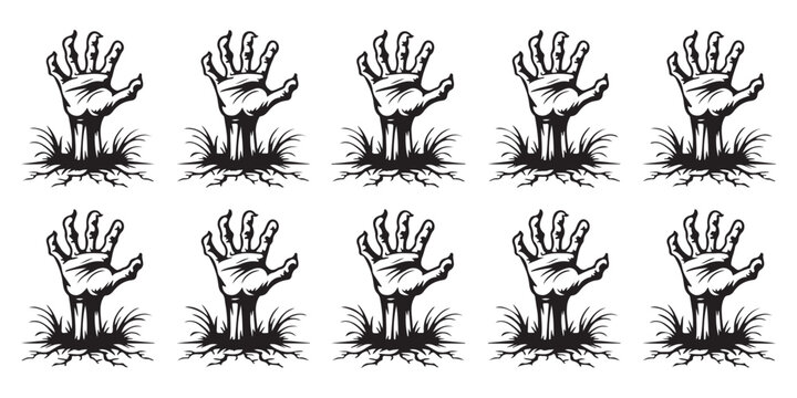 Set of ten creepy zombie hand silhouettes coming out from ground with grass and cracks isolated on white background.