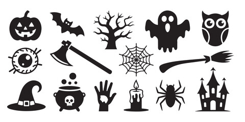 Fototapeta premium Set of halloween themed black silhouettes including pumpkin owl tree ghost eyeball axe web broom hat pot candle.