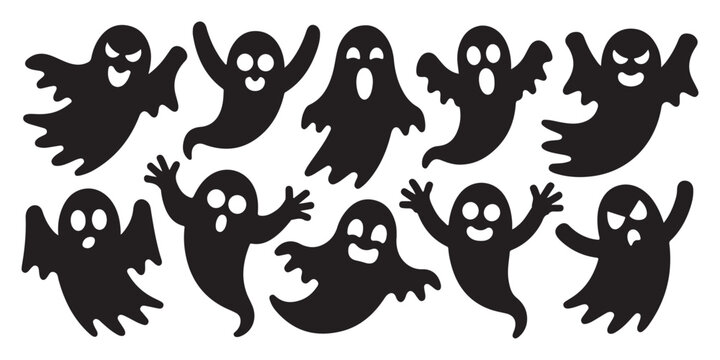 Animated ghost silhouettes set featuring expressive phantom characters in motion for halloween graphic designs.