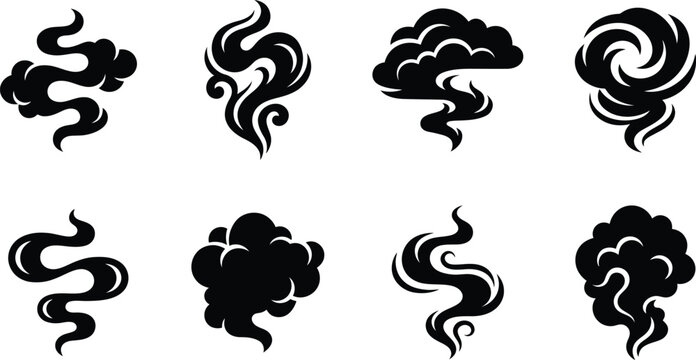 Black smoke vector silhouettes featuring swirling steam trails, puffing exhaust clouds, rising vapor waves, and distinct aroma fumes for creative design templates.