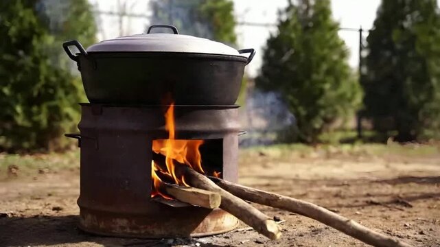 Traditional Outdoor Wood Burning Stove with Large Cooking Pot Over Open Fire in a Rustic Countryside Setting