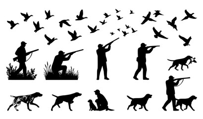 Bird Hunting Silhouette Collection with Hunter Holding Shotgun and Flying Birds Vector Set © Tonmoy