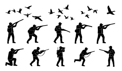 Hunter Shooting Flying Birds Silhouette Action Poses Isolated Vector Collection © Tonmoy