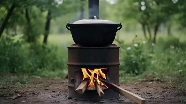 Traditional Outdoor Wood Burning Stove with Large Cooking Pot Over Open Fire in a Rustic Countryside Setting