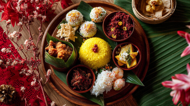 Mini nasi kuning platter with festive red and white accessories, luxury catering photography