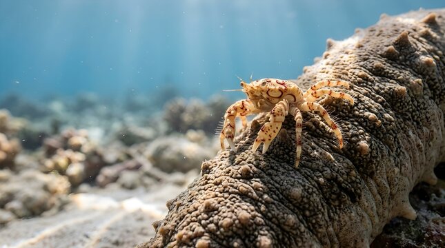 Small spotted crab riding on a sea cucumber underwater in the ocean