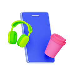 Obraz premium 3D illustration of smartphone with headphones and coffee cup for daily commute, music streaming, podcast listening, morning routine, mobile entertainment, and city lifestyle.