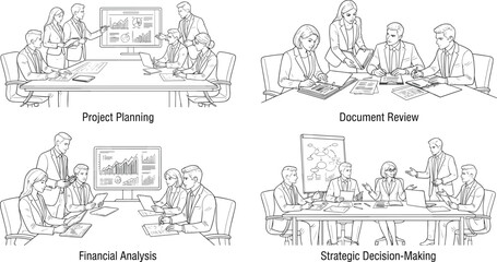 Obraz premium Business Meeting Outline Vector Set with Team Collaboration and Office Conference Illustrations
