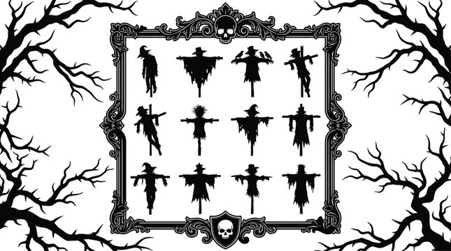 Halloween vector silhouettes bundle icons scarecrow skull tree branches