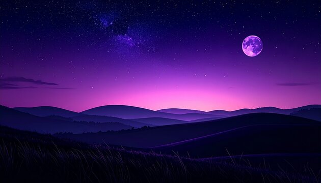 Atmospheric Halloween night landscape with purple full moon and starry sky.