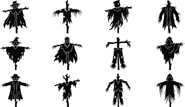 Halloween vector silhouettes bundle icons scarecrow and spooky character graphics