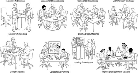 Obraz premium Business Meeting Outline Vector Collection Professional Teamwork Conference Line Art Illustration Set