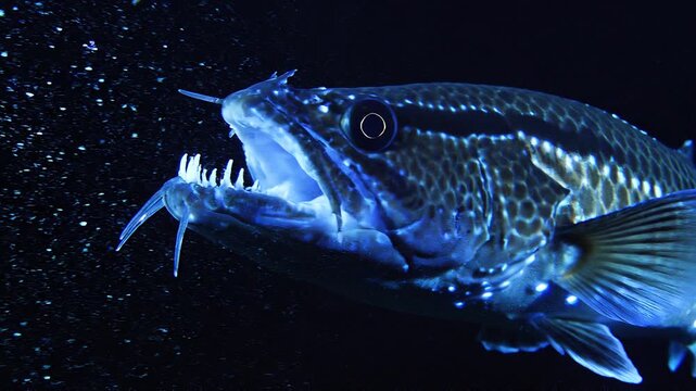 Single Viperfish Revealing Needle Like Teeth Under Blue Bioluminescent Light