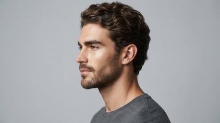Obraz premium Portrait of a young caucasian male featuring a well-groomed beard and side profile.