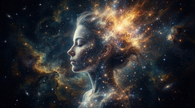 Spiritual cosmic mind awakening amidst swirling nebula energy and stars.