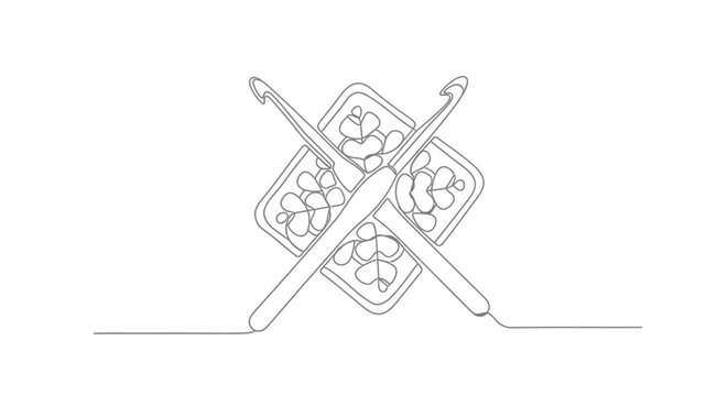Crochet Hooks Crossed Over Floral Pattern, Crafting and Needlework Concept, Minimalist Line Art