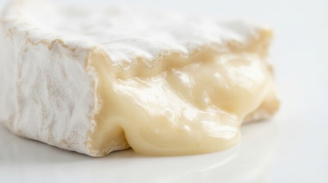 Melted creamy brie cheese texture with a soft white rind in a macro view.