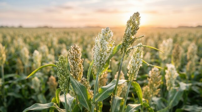 Golden hour sunset illuminating a vast sorghum field with white blooming plants.