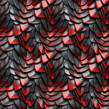 Dark fantasy black and red dragon scale seamless pattern with 3d metallic armor plating for edgy game asset and fashion