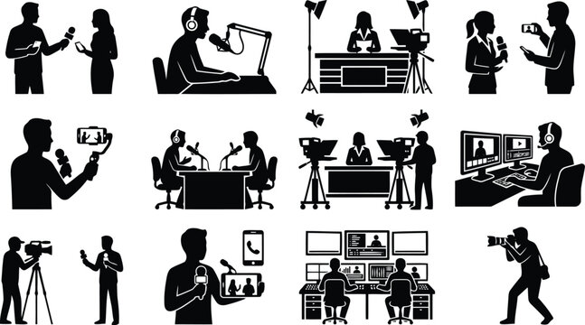 Collection of twelve black and white silhouette depicting news broadcasting, media interviews, production, and journalism activities