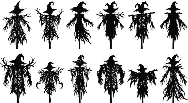 Halloween vector silhouettes bundle icons scary witch and scarecrow designs