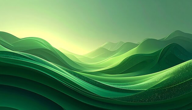 Abstract flowing green landscape with pixelated waves and sparkling lights, serene natural beauty, digital art backdrop