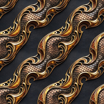 Luxury black leather seamless pattern with ornate gold dragon scale wave for oriental gothic fashion and premium backdrop