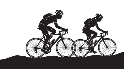 Naklejka premium Silhouette of Two Cyclists Riding Road Bikes Up a Hill on White Background for Sports Design
