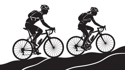 Obraz premium Silhouette of a Man and Woman Riding Road Bikes Up a Steep Hill for Fitness and Outdoor Exercise