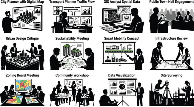 Collection of urban planning and city development featuring professionals working with digital maps, spatial data, and town meetings