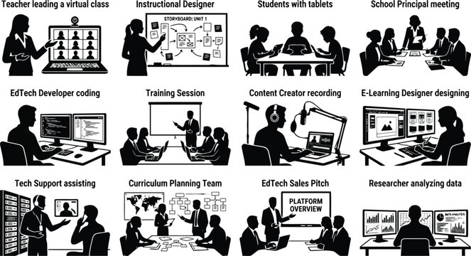 Ed tech and corporate training silhouettes featuring virtual classes, instructional curriculum planning, and technical support teams