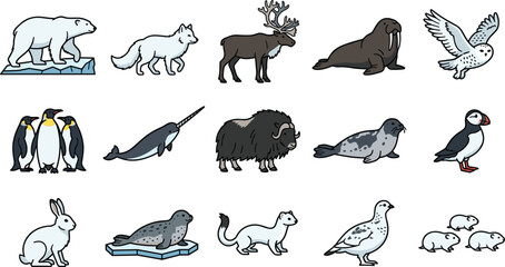 Arctic polar animal vector icon set collection featuring colored illustrations of polar bear penguin narwhal walrus seal puffin reindeer and arctic fox © MAHIYAAKTER