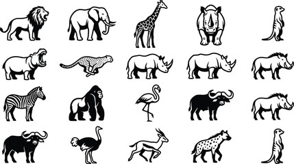 African safari wild animal icon set collection featuring black and white vector silhouettes of lion elephant giraffe rhino gorilla zebra flamingo and cheetah © MAHIYAAKTER