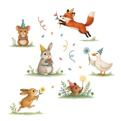 Naklejka premium Cute forest animals wearing party hats celebrating with gifts and decorations on white background