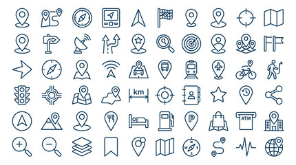 Editable GPS location outline icon collection with navigation map symbols isolated on white background © Liton