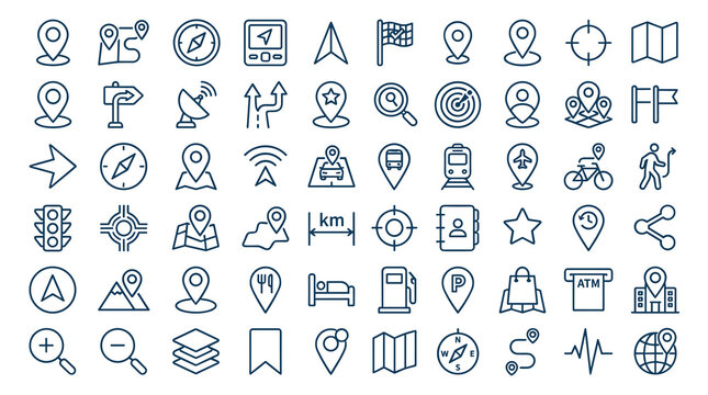 Editable GPS location outline icon collection with navigation map symbols isolated on white background