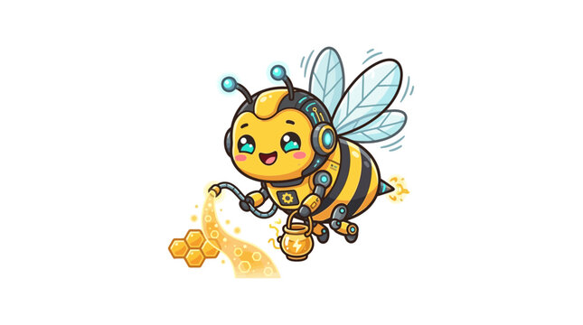 Cute robot bee character pouring honey from a lantern, cartoon style, white background