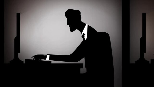 silhouettes of businessmen working frantically in office cubicles