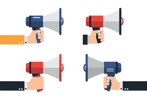 Four distinct hands, each holding a megaphone, are depicted in a clear and concise manner, symbolizing communication and announcement.