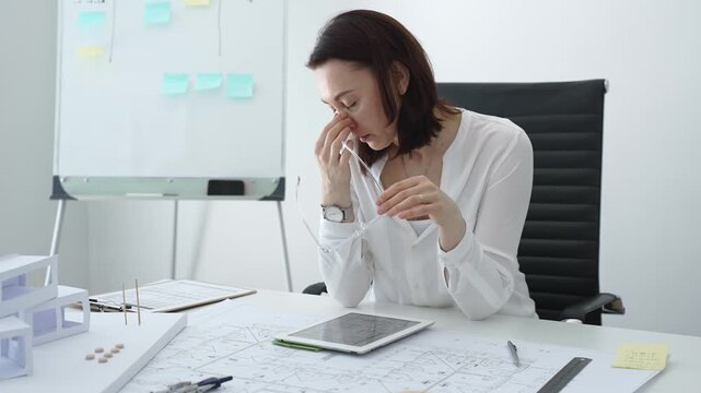 Female architect overwhelmed at her desk, rubbing her temple amid blueprints and a scale model, conveying migraine, burnout and workplace stress during a demanding project deadline