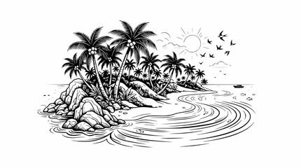 Tropical Island Paradise - Palm Trees, Beach, Ocean, Sun, Birds, Sketch Style © illustration 